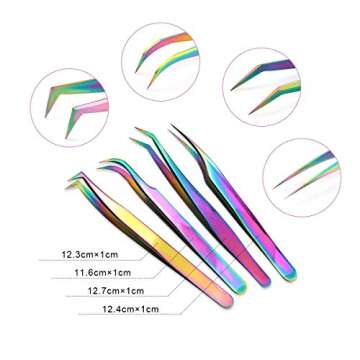 Nibiru Eyelash Extension Tweezers Set - 4 PCS Stainless Steel Curved Precision Tweezers (Rainbow Col...