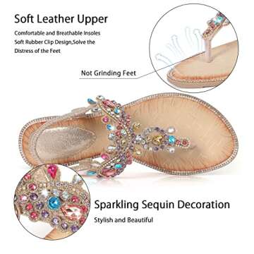 iCKER Women Rhinestone Sandals T-Strap Buckle Bohemian Pearl Crystal Flat Sandals-PD01-Gold-9