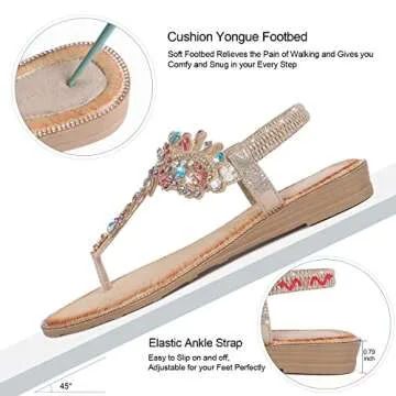 iCKER Women Rhinestone Sandals T-Strap Buckle Bohemian Pearl Crystal Flat Sandals-PD01-Gold-9