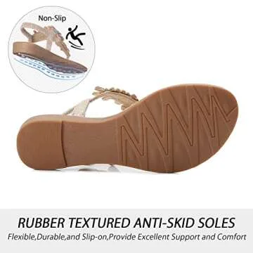 iCKER Women Rhinestone Sandals T-Strap Buckle Bohemian Pearl Crystal Flat Sandals-PD01-Gold-9