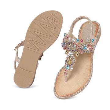 iCKER Women Rhinestone Sandals T-Strap Buckle Bohemian Pearl Crystal Flat Sandals-PD01-Gold-9