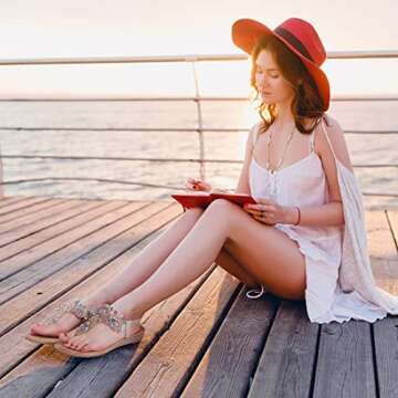 iCKER Women Rhinestone Sandals T-Strap Buckle Bohemian Pearl Crystal Flat Sandals-PD01-Gold-9