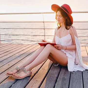 iCKER Women Rhinestone Sandals T-Strap Buckle Bohemian Pearl Crystal Flat Sandals-PD01-Gold-9