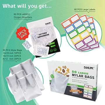 DIHUMK 50 Mylar Bags 60x400CC Oxygen Absorbers for Food Storage Long Term 8.7 Mil Gallon Aluminum Foil 60 Stickers (14"x18", 10"x14", 8"x12")