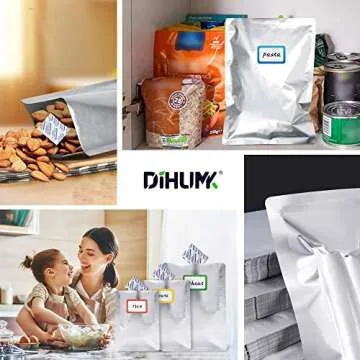 DIHUMK 50 Mylar Bags 60x400CC Oxygen Absorbers for Food Storage Long Term 8.7 Mil Gallon Aluminum Foil 60 Stickers (14"x18", 10"x14", 8"x12")