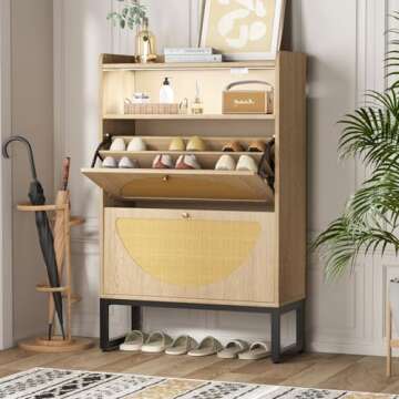FiveWillowise Shoe Storage Cabinet, Rattan Shoe Cabinet with 2 Flip Drawers & Sensor Light for Entryway, Narrow Free Standing Shoe Racks for Entryway, Hallway, Natural