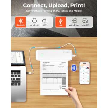 MUNBYN Portable Printers Wireless for Travel ITP04, Inkless Printer, Thermal Bluetooth Printer, Support 8.5x11&A4 Thermal Paper, Compatible with Android and iOS Phone & Laptop, Small Printer (White)