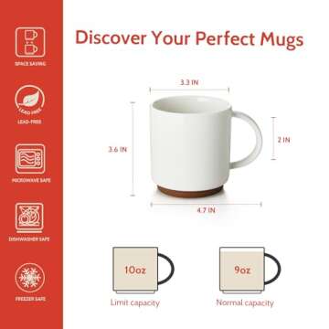 Sweese Stackable Coffee Mugs - 10 Oz Porcelain Cups for Cappuccino, Cafe Mocha, Latte and tea, Set o...