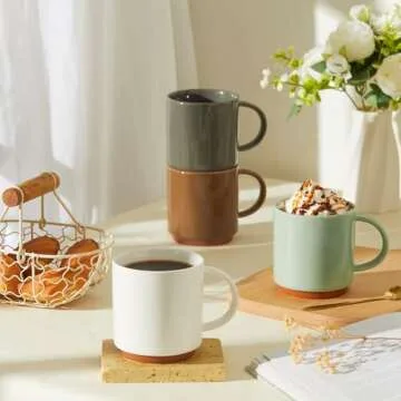 Sweese Stackable Coffee Mugs - 10 Oz Porcelain Cups for Cappuccino, Cafe Mocha, Latte and tea, Set of 4, Assorted Colors