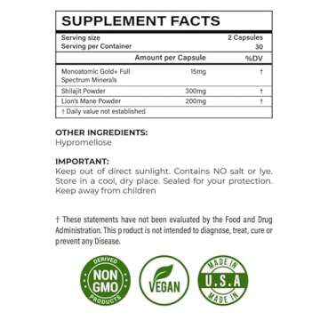 I Am Joy co. Ormus Shilajit Lion's Mane - Ultimate Brain Power! Monoatomic 24k Gold - The Only Blend of Its Kind for Energy, Memory, & Focus - 60 Vegan Capsules in Eco Friendly Glass