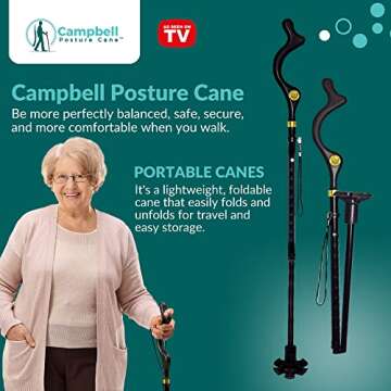 Campbell Posture Cane - Ergonomic Folding Walking Canes for Seniors, All Metal, 10 Heights Adjust
