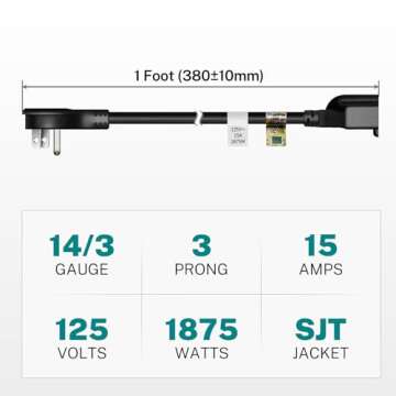 FIRMERST 1875W Flat Plug Extension Cord 1 Foot, 15A 14 AWG Black