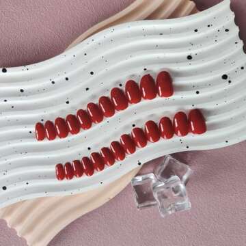 Red Press On Nails Short Oval, KQueenest Short Fake Nails Acrylic Nails Press Ons, Short Almond Nails Glue on, Natural Round False Nails Short, One Color Stick On Nails For Women Daily Holiday Wear