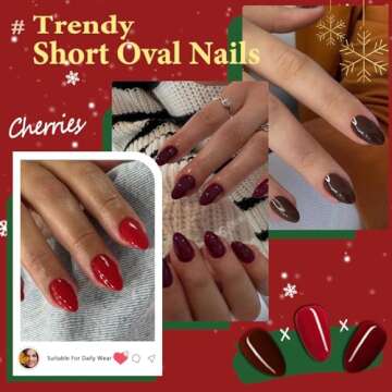 Red Press On Nails Short Oval, KQueenest Short Fake Nails Acrylic Nails Press Ons, Short Almond Nails Glue on, Natural Round False Nails Short, One Color Stick On Nails For Women Daily Holiday Wear