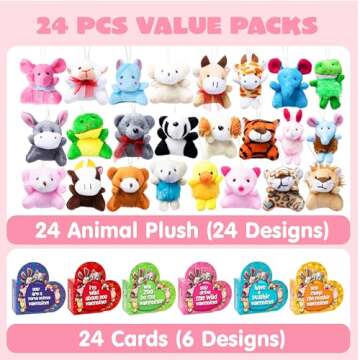 JOYIN 24 Packs Valentines Day Animal Plush Toy Party Favors Filled with Heart Boxes for Kids, KeyChain Plush Fidget Toy for Valentine's Classroom Gift Exchange, Party Game Prizes School Rewards