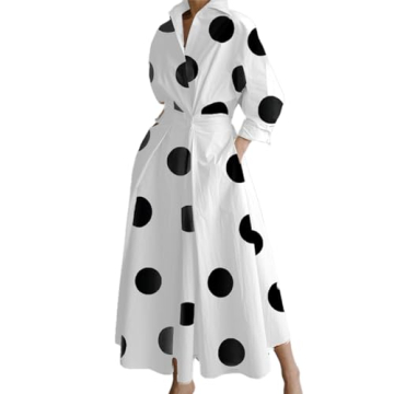 Womens Pleated Long Sleeve Long Shirt Dress Casual Loose Button Down Lapel Vintage Color Shirt A-lin...