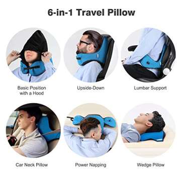 LANGRIA 6-in-1 Memory Foam Neck Support Travel Pillow with Detachable Hood Adjustable Neck Size for All Ages Side Elastic Pocket Neck Travel Cushion for Plane Train Car Bus Office (Blue)