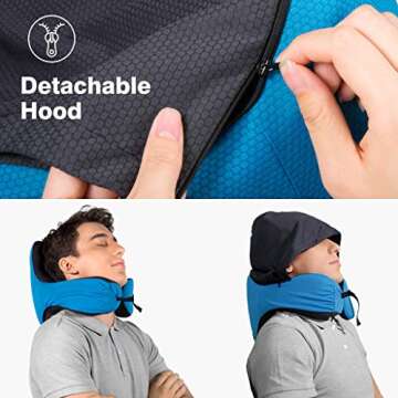 LANGRIA 6-in-1 Memory Foam Neck Support Travel Pillow with Detachable Hood Adjustable Neck Size for All Ages Side Elastic Pocket Neck Travel Cushion for Plane Train Car Bus Office (Blue)