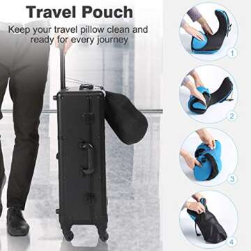 LANGRIA 6-in-1 Memory Foam Neck Support Travel Pillow with Detachable Hood Adjustable Neck Size for All Ages Side Elastic Pocket Neck Travel Cushion for Plane Train Car Bus Office (Blue)