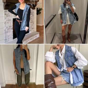 FindThy Women’s Vintage Denim Jean Vest Oversized Button Down Jean Waistcoat Gilet(1481-01Blue-M-LB)