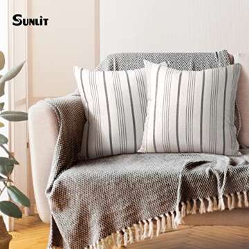 Sunlit Decorative Farmhouse Throw Pillow Case, Set of 2 Cream/Off-White with Gray Stripes Modern Accent Square Pillow Cover, 22" x 22", Textured Linen Throw Cushion Covers for Couch Chair Bedroom