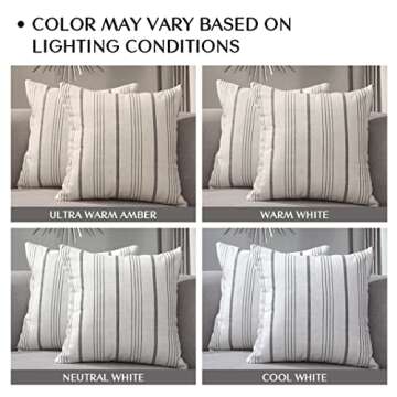 Sunlit Decorative Farmhouse Throw Pillow Case, Set of 2 Cream/Off-White with Gray Stripes Modern Accent Square Pillow Cover, 22" x 22", Textured Linen Throw Cushion Covers for Couch Chair Bedroom