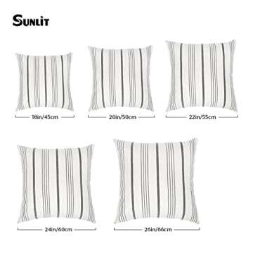 Sunlit Decorative Farmhouse Throw Pillow Case, Set of 2 Cream/Off-White with Gray Stripes Modern Accent Square Pillow Cover, 22" x 22", Textured Linen Throw Cushion Covers for Couch Chair Bedroom