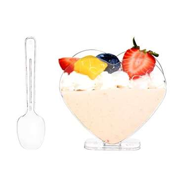 Coloch 100 Pack 4 Oz Plastic Mini Dessert Cup with Spoon, Clear Parfait Appetizer Cup Heart-shaped Small Serving Bowl for Cakes, Ice Cream, Tasting, Party, Buffet, Valentine's Day, Wedding