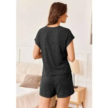 Ekouaer Pajamas for Women Ribbed Knit Lounge Set Cap Sleeve Top and Shorts Loungewear Sleepwear with Pockets S-XXL Black