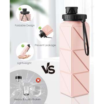 Infitran Collapsible Water Bottles, BPA-Free Leak-Proof Silicone Foldable Water Bottle Cup 20.6oz, Durable Lightweight Bottle for Gym Travel Camping Hiking Running Sport,Pink