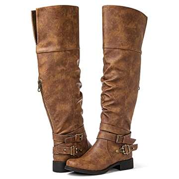 GLOBALWIN Women's Over The Knee Brown Thigh High Tall Boots for Women Long Boots with Side Zipper