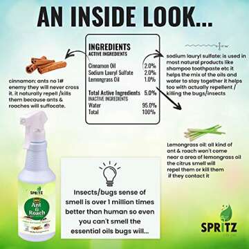 Spritz Organic Pest Control Spray – Ant and Roach Spray – 100% Natural Pests Repellent – Kills & Repells Ants and Roaches Instantly–Lemongrass Oil, and Cinnamon Oil – Safe for Kids and Pets – 16 oz
