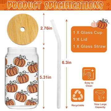 WODOHOLO Pumpkin Can Glass 16oz Fall Iced Coffee Glass Halloween Can Shaped Glass with Lid and Straw...