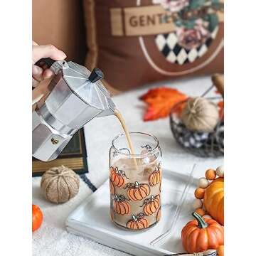 WODOHOLO Pumpkin Can Glass 16oz Fall Iced Coffee Glass Halloween Can Shaped Glass with Lid and Straw Autumn Iced Coffee Beer Latte Drinking Cup Ideal Thanksgiving Gifts