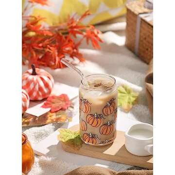 WODOHOLO Pumpkin Can Glass 16oz Fall Iced Coffee Glass Halloween Can Shaped Glass with Lid and Straw Autumn Iced Coffee Beer Latte Drinking Cup Ideal Thanksgiving Gifts