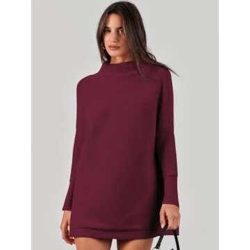 ANRABESS Women Oversized Casual Loose Turtleneck Long Sleeve Slouchy Baggy Knit Tunic Sweaters Pullover 2024 Fall Outfits Wine Red Large