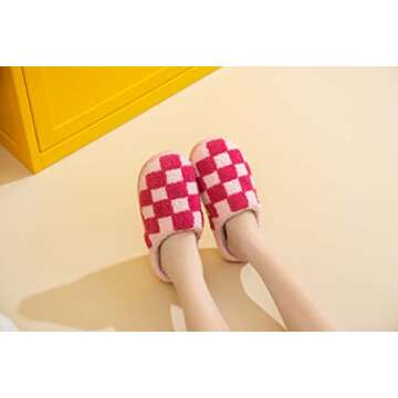 NEVEROLD Fun Cute Trendy Cartoon Illustrated Smile Face and Characters Colorful Comfort Cozy Plush Warm Fluffy Fur Slip On Cushion Slippers for Girls and Women (Checker-pink, medium)