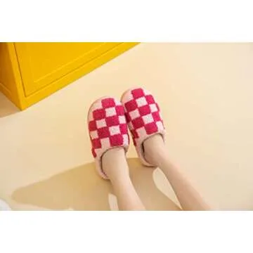 NEVEROLD Fun Cute Trendy Cartoon Illustrated Smile Face and Characters Colorful Comfort Cozy Plush Warm Fluffy Fur Slip On Cushion Slippers for Girls and Women (Checker-pink, medium)