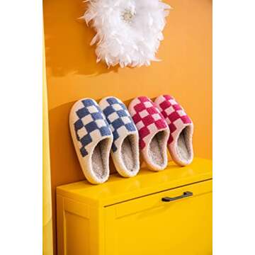 NEVEROLD Fun Cute Trendy Cartoon Illustrated Smile Face and Characters Colorful Comfort Cozy Plush Warm Fluffy Fur Slip On Cushion Slippers for Girls and Women (Checker-pink, medium)