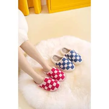 NEVEROLD Fun Cute Trendy Cartoon Illustrated Smile Face and Characters Colorful Comfort Cozy Plush Warm Fluffy Fur Slip On Cushion Slippers for Girls and Women (Checker-pink, medium)