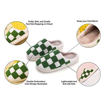 NEVEROLD Fun Cute Trendy Cartoon Illustrated Smile Face and Characters Colorful Comfort Cozy Plush Warm Fluffy Fur Slip On Cushion Slippers for Girls and Women (Checker-pink, medium)