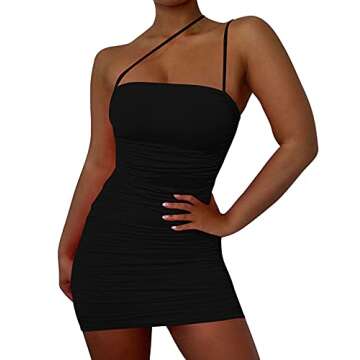 Mizoci Women's Sexy Sleeveless Ruched Spaghetti Strap Bodycon Mini Club Party Dress,X-Small,Black