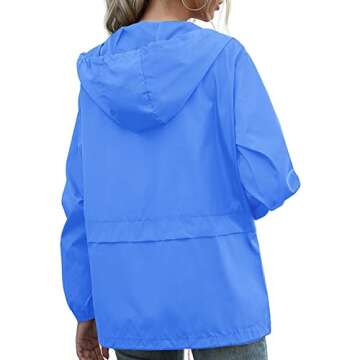 PESION Women's Windbreaker & Waterproof Hooded Rain Jacket Lightweight Outdoor Fashionable Light Blue Jacket Zip Coat Outerwear Raincoat with Pockets for Mountaineering Hiking Fish Travel, Small