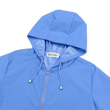 PESION Women's Windbreaker & Waterproof Hooded Rain Jacket Lightweight Outdoor Fashionable Light Blue Jacket Zip Coat Outerwear Raincoat with Pockets for Mountaineering Hiking Fish Travel, Small