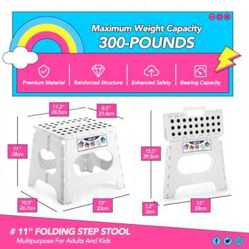 Delxo Folding Step Stool - 11 Inch Non-Slip for Kids & Adults - Portable White Stool