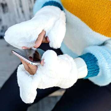 Funky Junque Women's Sherpa Mittens Convertible Gloves Ivory