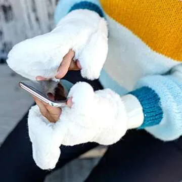 Funky Junque Women's Sherpa Mittens Convertible Gloves Ivory