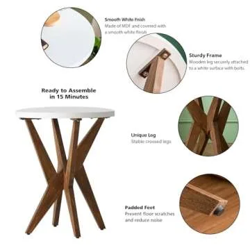 Ahokua Modern Round End Table with Smooth White Top and Crossed Walnut Legs, Minimalist Accent Table for Living Room, Balcony, or Small Spaces, Easy Assembly Bedside Table, White Walnut