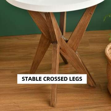 Ahokua Modern Round End Table with Smooth White Top and Crossed Walnut Legs, Minimalist Accent Table for Living Room, Balcony, or Small Spaces, Easy Assembly Bedside Table, White Walnut