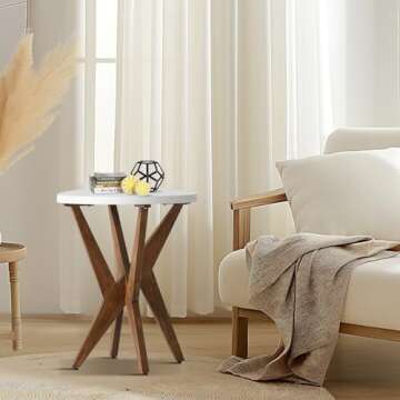 Ahokua Modern Round End Table with Smooth White Top and Crossed Walnut Legs, Minimalist Accent Table for Living Room, Balcony, or Small Spaces, Easy Assembly Bedside Table, White Walnut